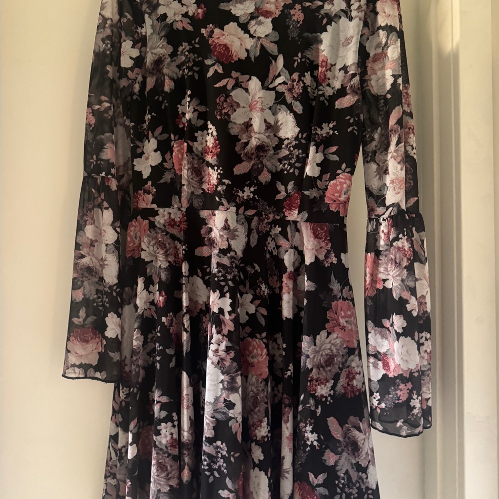 Black Floral Long Sleeve Fit-and-Flare Dress